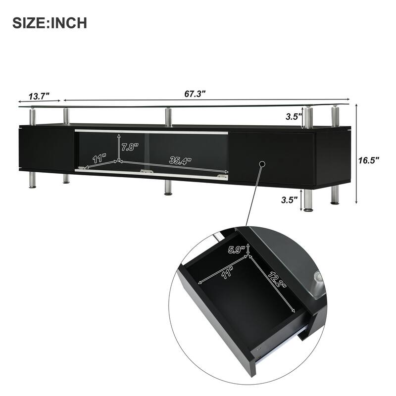 TV Stand Sleek Design Media Console TV with Sliding Glass Door and Silver Metal Legs for
